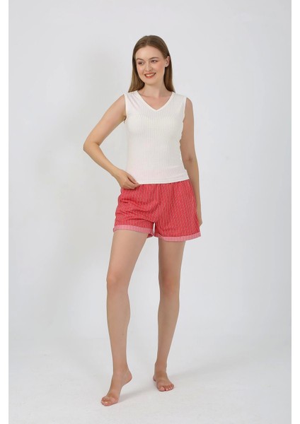 Kadın Kalın Askılı Şortlu Pijama Takım Ekru 3632 modelleri