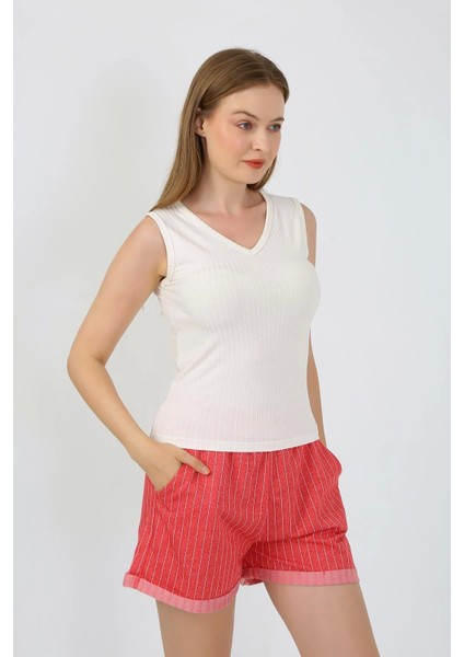 Kadın Kalın Askılı Şortlu Pijama Takım Ekru 3632 fırsatları