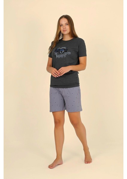 Kadın Şortlu Kısa Kol Penye Pijama Takımı Füme 3622