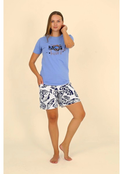 Kadın Şortlu Kısa Kol Penye Pijama Takımı Mavi 3622