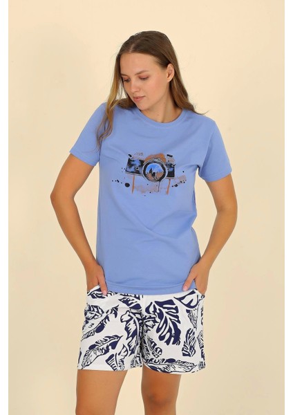 Kadın Şortlu Kısa Kol Penye Pijama Takımı Mavi 3622 modelleri
