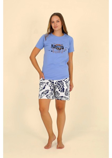 Kadın Şortlu Kısa Kol Penye Pijama Takımı Mavi 3622 fırsatları