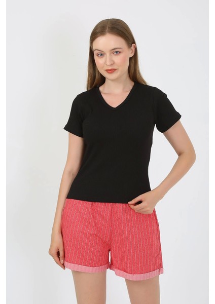 Kadın Kısa Kol Penye Şortlu Pijama Takım Siyah 3633 fiyatları