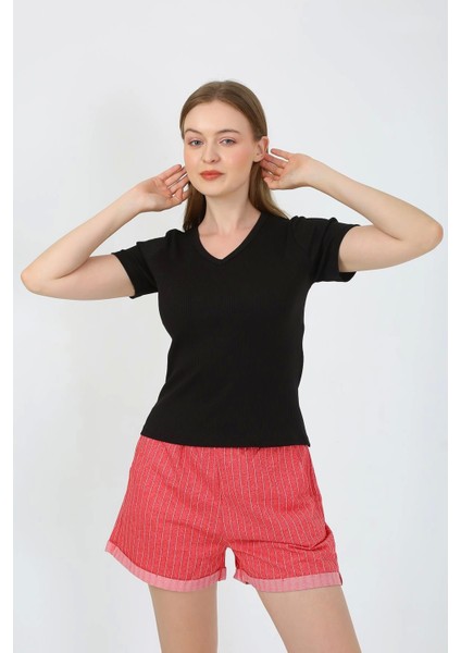 Kadın Kısa Kol Penye Şortlu Pijama Takım Siyah 3633 modelleri