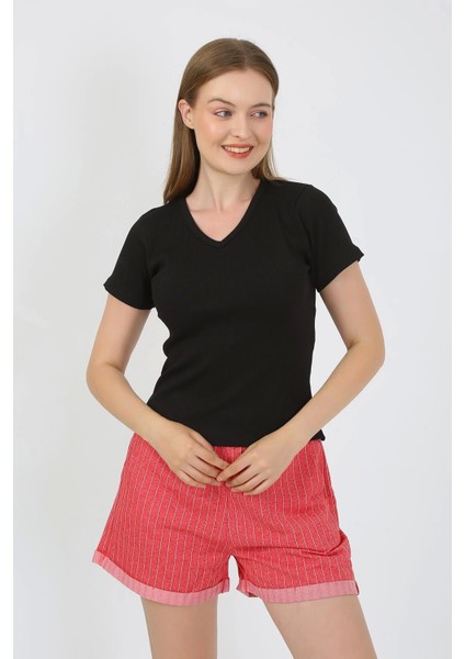 Kadın Kısa Kol Penye Şortlu Pijama Takım Siyah 3633 fırsatları