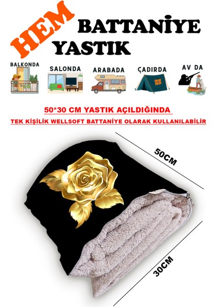 Altın Gül Desen Baskılı Tv Battaniyeli Opsiyonel Dekoratif Yastık Battaniye 2in1 Gifts