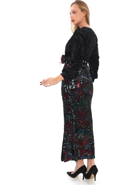 Kruvaze Yaka Payetli Elbise 2750-SIYAH/BORDO