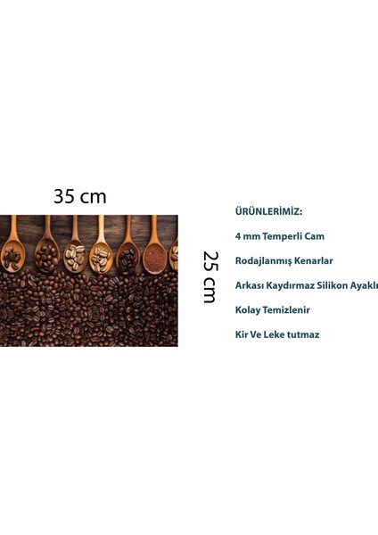 Kahve ve Kaşıklar Desenli Cam Kesme Tahtası 25 CM X 35 cm Arkası Silikon Kaydırmazlı Temperli Cam