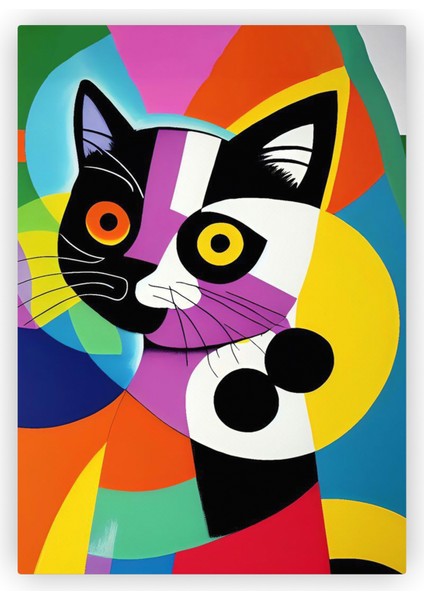 Çok Renkli Kedi Soyut Illüstrasyon Ahşap Poster 20X29 cm