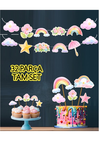 32PARÇA Gökkuşağı Bulut Yıldız Temalı Dev Doğum Günü Süsü Banner Pasta Kürdanı Cupcake Süs