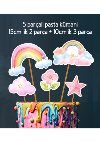 32PARÇA Gökkuşağı Bulut Yıldız Temalı Dev Doğum Günü Süsü Banner Pasta Kürdanı Cupcake Süs