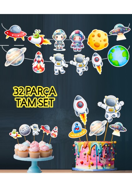 32 Parça Uzay Astronot Temalı Dev Set Doğum Günü Süsü, Banner Pasta Kürdanı Cupcake Süsü