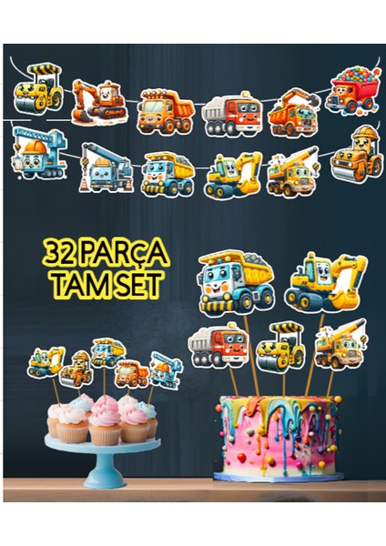 KUROMI-32PARÇA Iş Makinası Kepçe Kamyon Dev Doğum Günü Süsü Banner Pasta Kürdanı Cupcake Süsü Seti