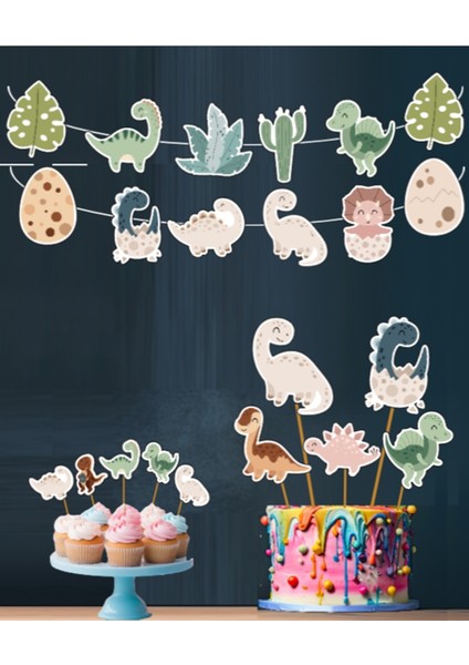 32 Parça Dinozor Temalı Dev Set Çocuk Kutlama Doğum Günü Süsü Banner Pasta Kürdanı Cupcake