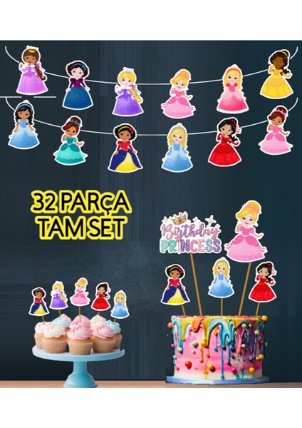 32PARÇA Masal Prensesleri Dev Doğum Günü Süsü Banner Pasta Kürdanı Cupcake Süsü Seti