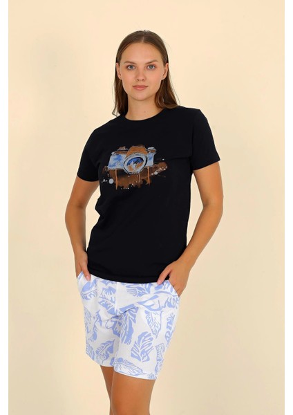 Kadın Şortlu Kısa Kol Penye Pijama Takımı Siyah 3624 modelleri