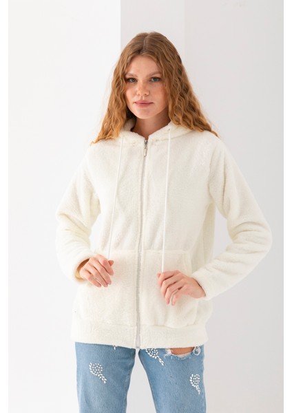 Kadın Vizon Uzun Kollu Kopüşonlu Astarsız Peluş Ceket