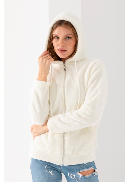 Kadın Vizon Uzun Kollu Kopüşonlu Astarsız Peluş Ceket modelleri