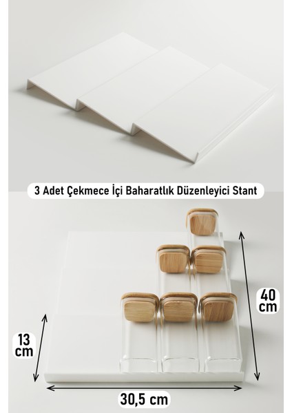 3 Adet Çekmece Içi Baharatlık Düzenleyici Stant Mutfak Dolap Içi Organizer (Beyaz)( Kavanozlar Hariçtir )Z305