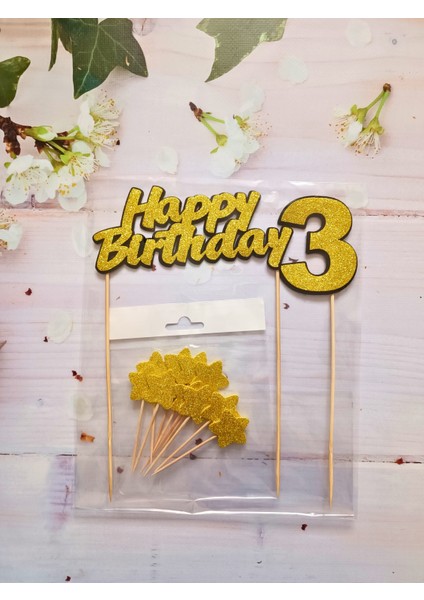 3 Yaş Happy Birthday Gold Simli Pasta Süsü Seti (Happy Birthday Yazısı, Yaş, Yıldız Kürdan)