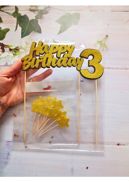 3 Yaş Happy Birthday Gold Simli Pasta Süsü Seti (Happy Birthday Yazısı, Yaş, Yıldız Kürdan) fiyatları