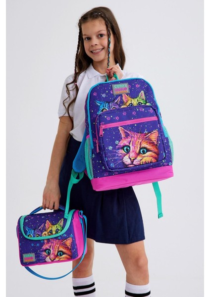 Mor Pembe Kedi Desenli 3’lü Okul Çanta Seti