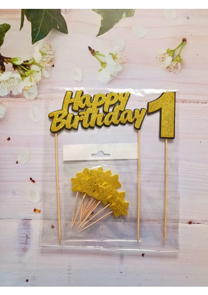 1 Yaş Happy Birthday Gold Simli Pasta Süsü Seti (Happy Birthday Yazısı, Yaş, Yıldız Kürdan)