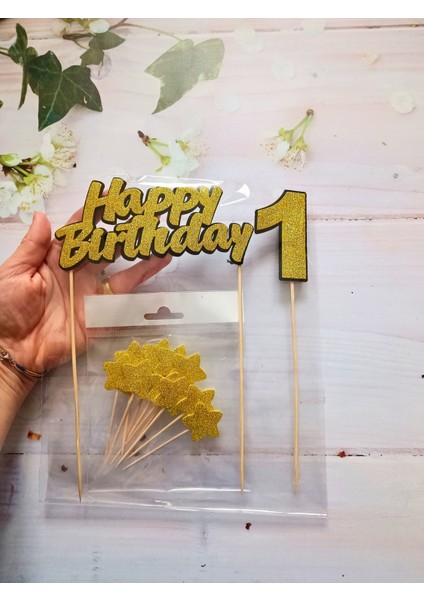 1 Yaş Happy Birthday Gold Simli Pasta Süsü Seti (Happy Birthday Yazısı, Yaş, Yıldız Kürdan)