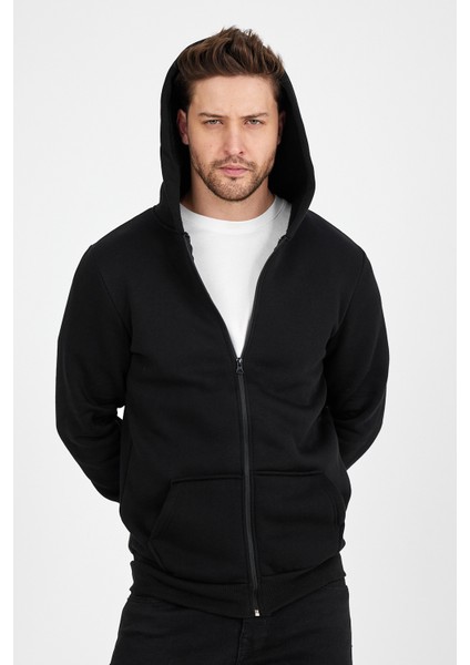 Erkek Slim Fit Örgü 3 Iplik Fermuarlı Polar Hırka Siyah