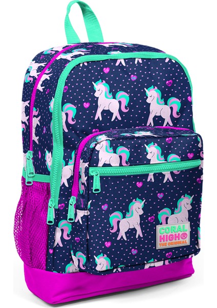 Lacivert Pembe Unicorn Desenli 3’lü Okul Çanta Seti