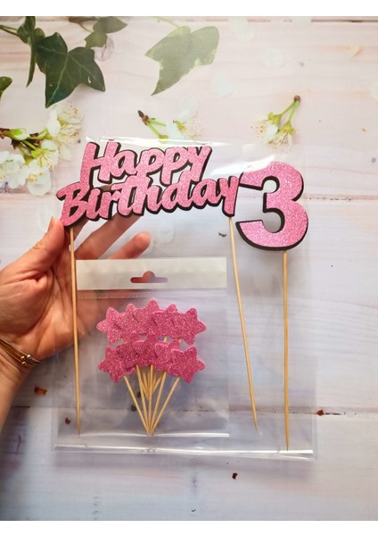 3 Yaş Happy Birthday Pembe Simli Pasta Süsü Seti (Happy Birthday Yazısı, Yaş, Yıldız Kürdan)