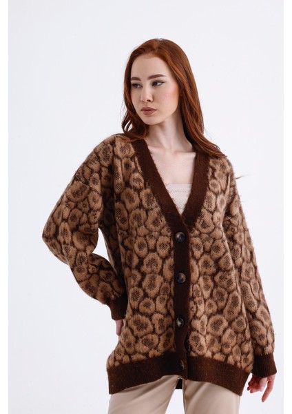 Kadın Leopar Desenli Hırka Oversize (Büyük Boy), Yumoş