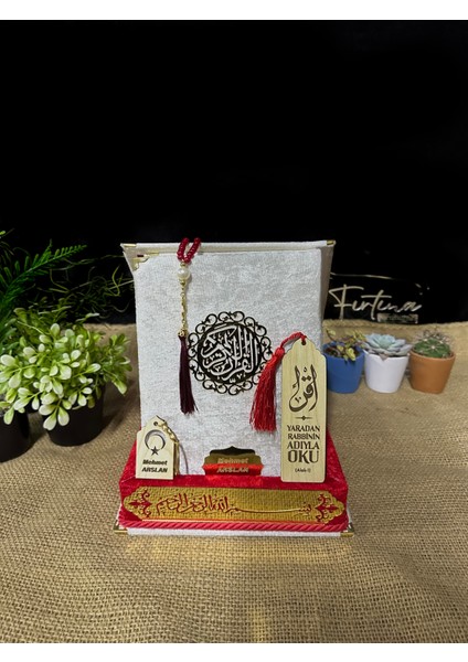 Kur'an-I Kerim Seti Kadife Kaplı Bilgisayar Hatlı Plaket Kutulu - Beyaz Kırmızı fiyatları