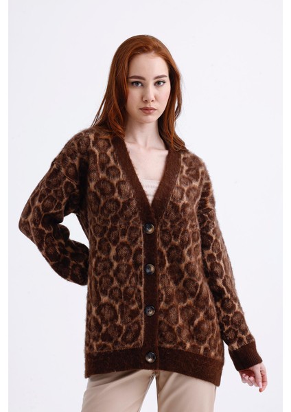 Kadın Leopar Desenli Hırka Oversize (Büyük Boy), Yumoş