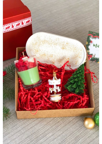 Yeni Yıl 4lü Kokulu Yılbaşı Seti Aromaterapi Atlı Karınca, Taş Tepsi, Cam Bardak, Çam Ağaç