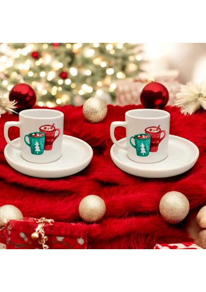 Ikili Sevimli Yılbaşı Temalı Desenli Türk Kahvesi Fincanı, Yılbaşı Hediyesi Ikili Kahve Fincanı