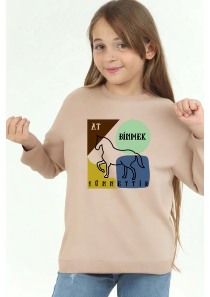 Kız Çocuk "at Binmek Sünnettir" Baskılı Pamuklu Sweat