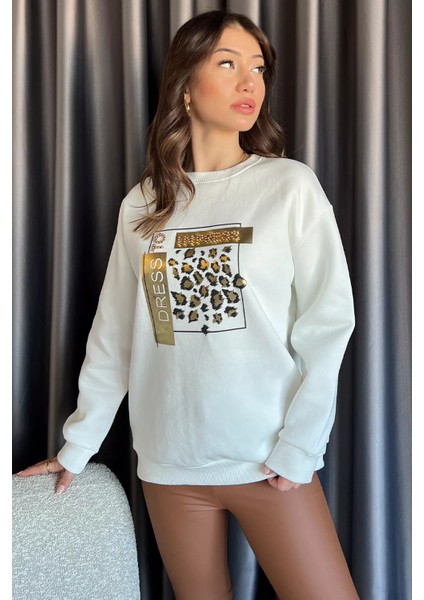 Krem Kadın Bisiklet Yaka Taşlı Üç Iplik Şardonlu Sweatshirt fiyatları