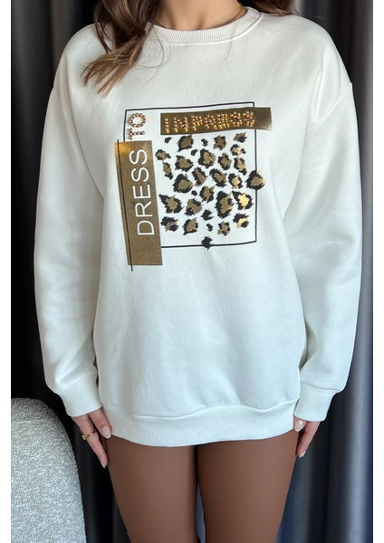 Krem Kadın Bisiklet Yaka Taşlı Üç Iplik Şardonlu Sweatshirt modelleri