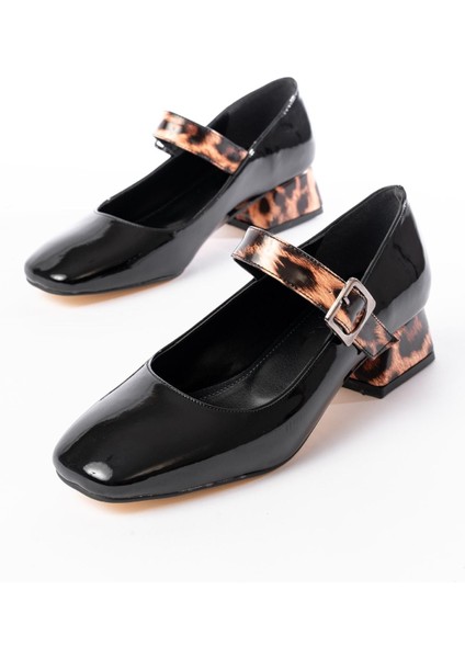 ST-006 Siyah Leopar Rugan Günlük 4 cm Topuklu Bayan Ayakkabı
