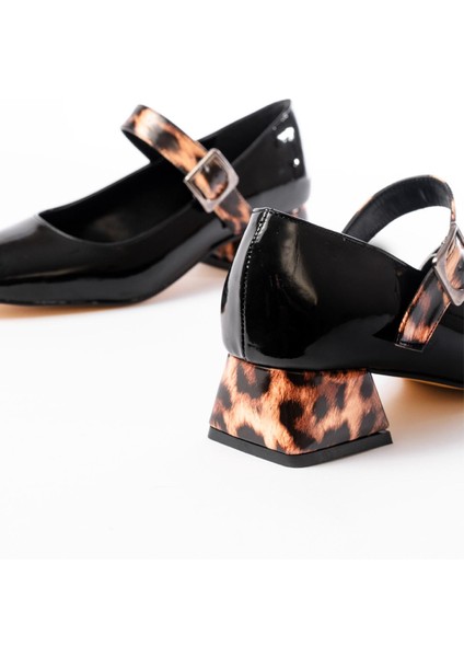 ST-006 Siyah Leopar Rugan Günlük 4 cm Topuklu Bayan Ayakkabı