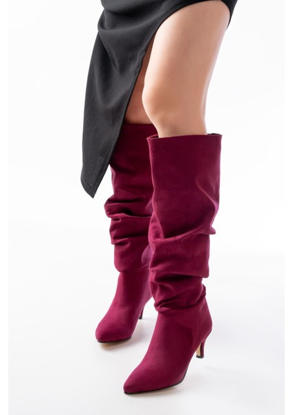 SR-2001 Bordo Süet Ince Topuklu Günlük Bayan Çizme fırsatları
