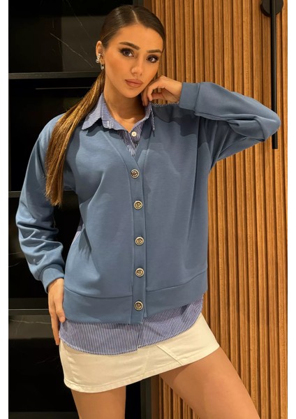 Lacivert Kadın Hırka Kombinli Gömlek