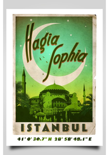 Retro Koordinatlı Şehir Posteri, Ayasofya Cami, Çerçevesiz Poster-Harita Sanatı, Map Art Design