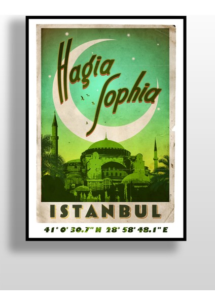 Retro Koordinatlı Şehir Posteri, Ayasofya Cami, Çerçevesiz Poster-Harita Sanatı, Map Art Design