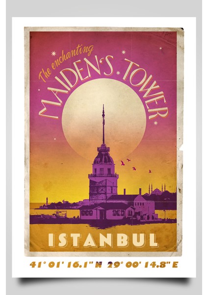 Retro Koordinatlı Şehir Posteri, Kız Kulesi, Çerçevesiz Poster-Harita Sanatı, Map Art Design