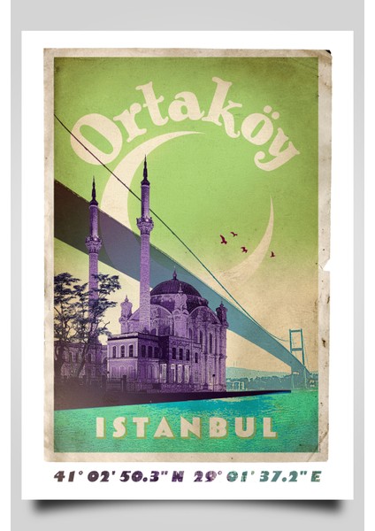 Retro Koordinatlı Şehir Posteri, Ortaköy, Çerçevesiz Poster-Harita Sanatı, Map Art Design