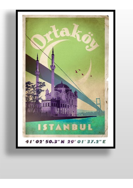 Retro Koordinatlı Şehir Posteri, Ortaköy, Çerçevesiz Poster-Harita Sanatı, Map Art Design fiyatları