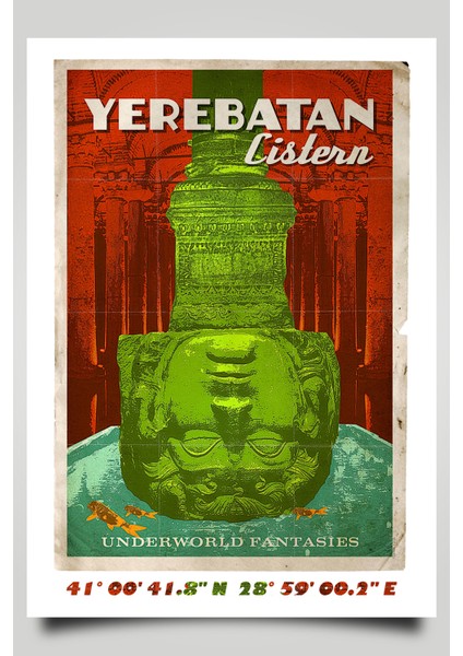 Retro Koordinatlı Şehir Posteri, Yerebatan Sarnıcı, Çerçevesiz Poster-Harita Sanatı, Map Art Design