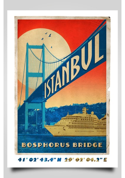 Retro Koordinatlı Şehir Posteri,15 Temmuz Şehitler Köprüsü, Çerçevesiz Poster-Harita Sanatı, Map Art Design